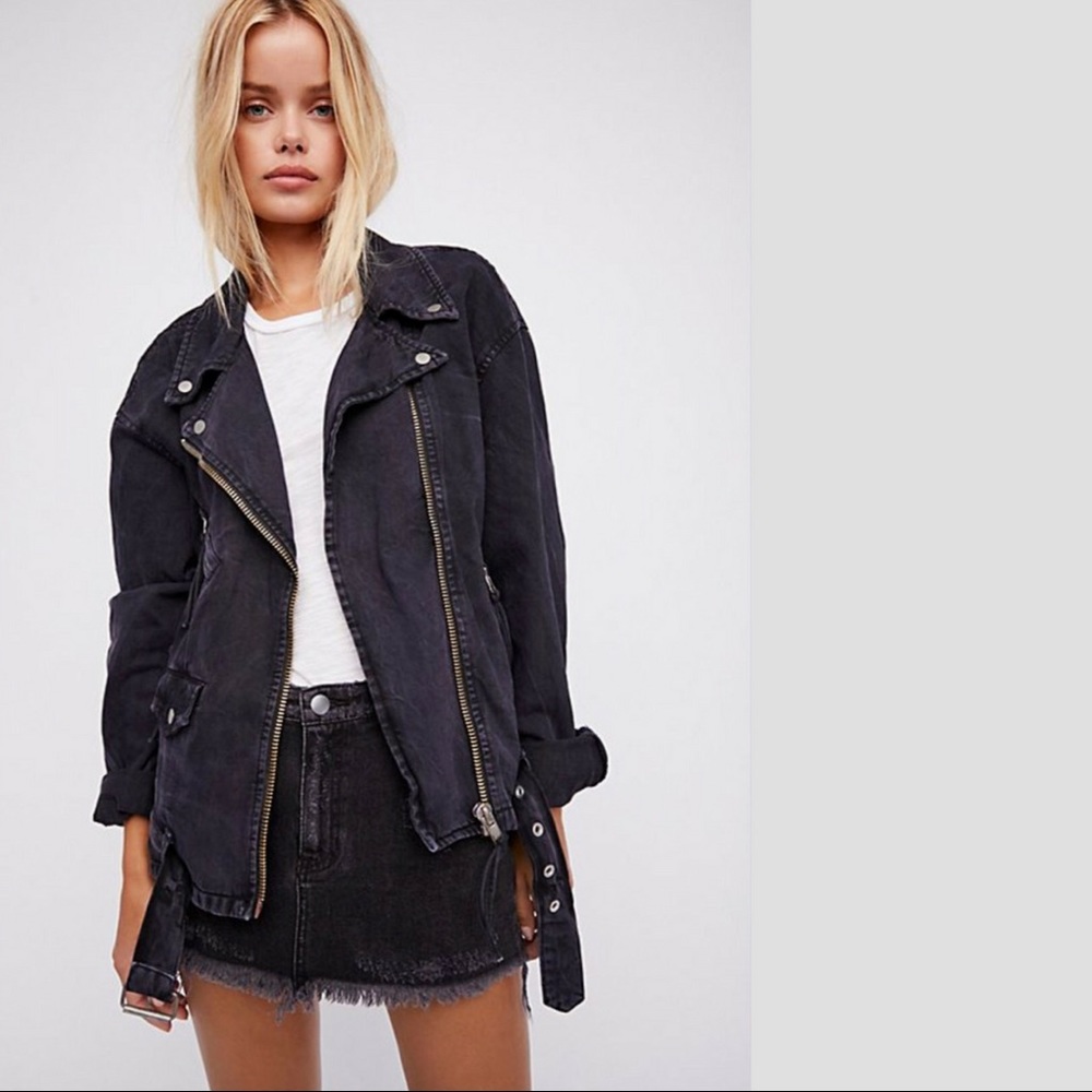 FREE PEOPLE Denim Moto Jacket in Black NWT